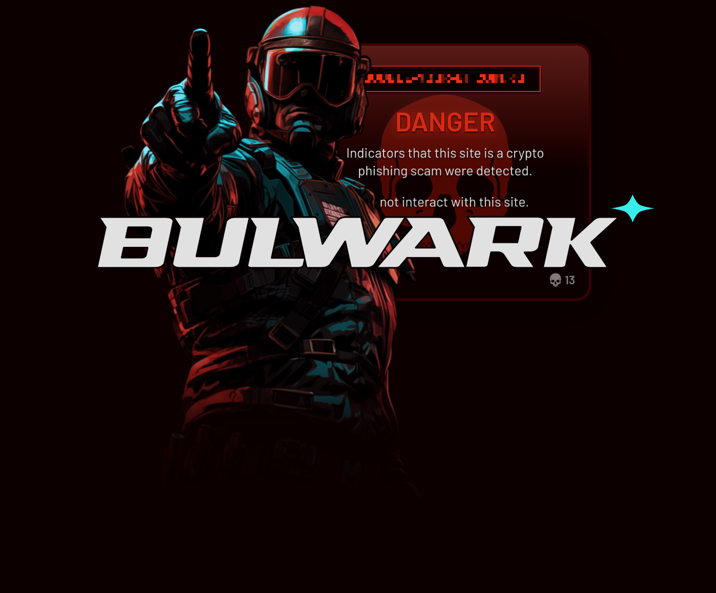 An armored soldier pointing ahead with the Bulwark logo in-front